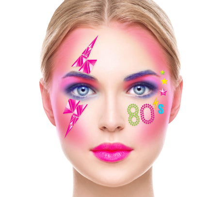 80s style multicolor resin face jewelry accessory for women, retro makeup embellishment for adults.