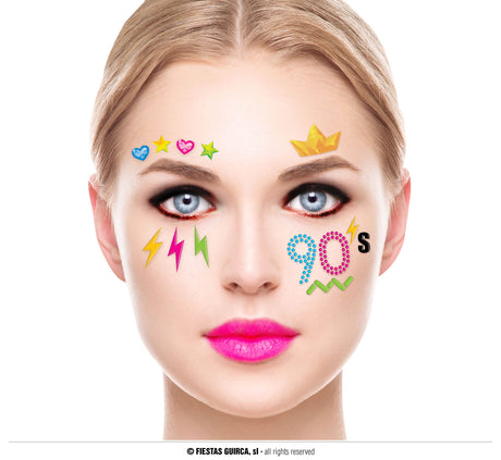 Multicolor resin 90s disco face jewelry accessory for women, perfect for makeup and festival looks.