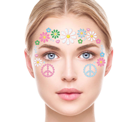 Multicolor resin hippie face jewelry accessory for women, ideal for festival makeup and boho style looks.