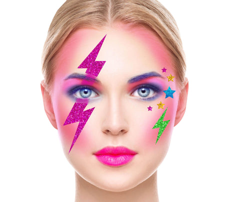 Multicolor glitter face stickers for women, 90s disco themed vinyl makeup accessory, ideal for festival or party looks.