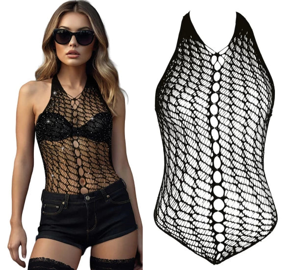 Body en Filet Noir à Strass – Adulte