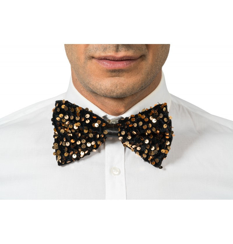 Noeud papillon velours noir et sequins bronze – soirée chic – accessoire