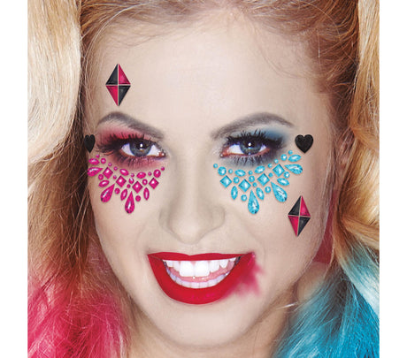 Adhesive face jewels for women in pink and blue resin, Halloween makeup accessory inspired by superhero and animation themes, perfect for adult costume parties.