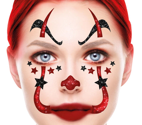 Halloween clown glitter face vinyl makeup sticker for women, black and red, 20x20 cm, face jewelry accessory.