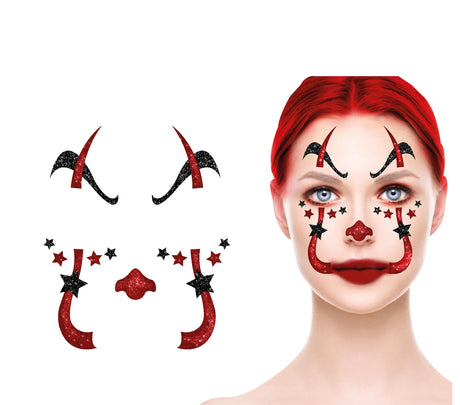 Bijoux visage clown pailleté - noir et rouge - 20x20 cm