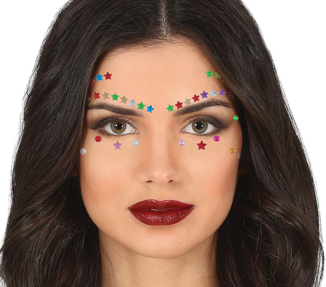 Multicolor resin face jewels for eyelashes and eyebrows in star shapes, makeup accessory for women.