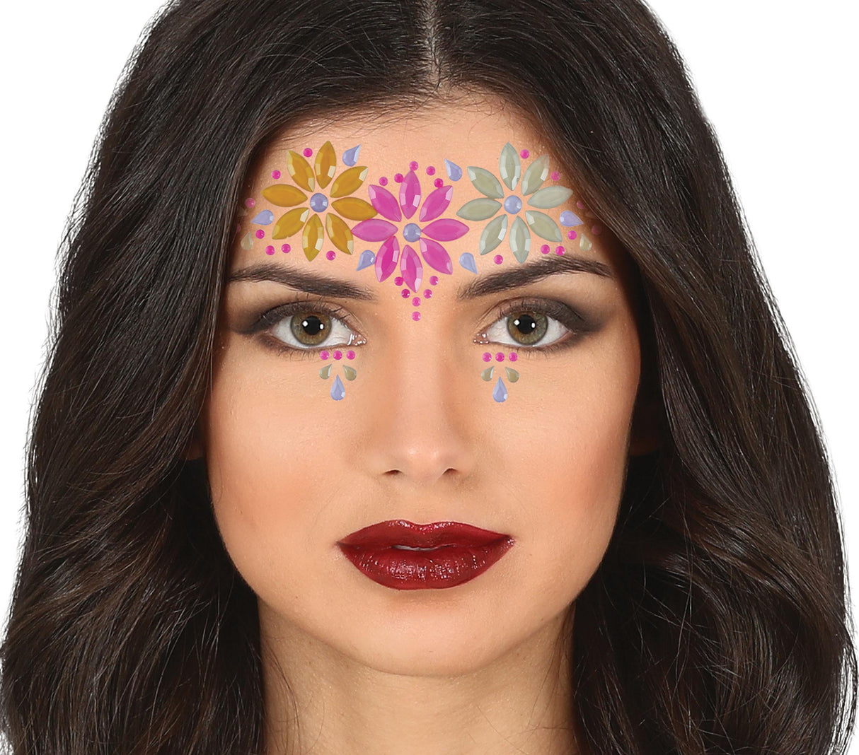 Multicolor resin face jewelry for women, floral design makeup accessory, ideal for creative face decoration.