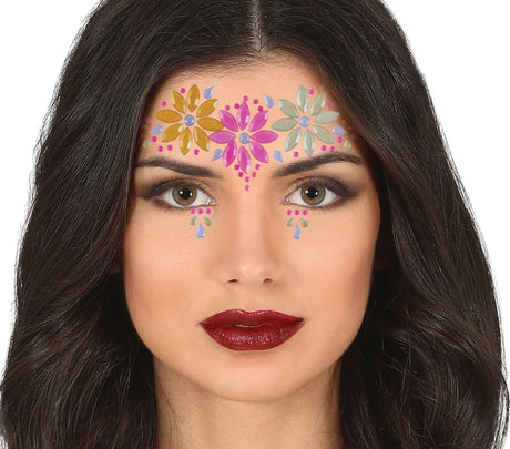 Multicolor resin face jewelry for women, floral design makeup accessory, ideal for creative face decoration.