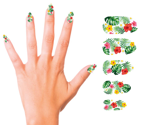 Set of 12 multicolored exotic artificial nails with adhesive, designed for women, perfect for summer and graduation makeup looks.