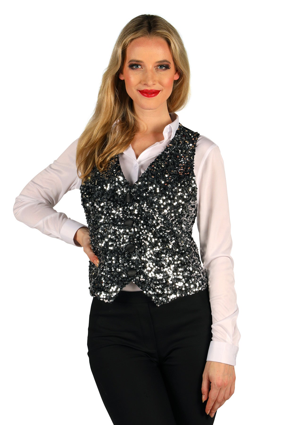 Gilet à Paillettes Femme Argent et Noir – Cabaret et Soirée Disco
