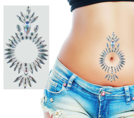 Silver resin belly button jewelry for women, face accessory with sparkling design, ideal for makeup and desert princess or sheik themed looks.
