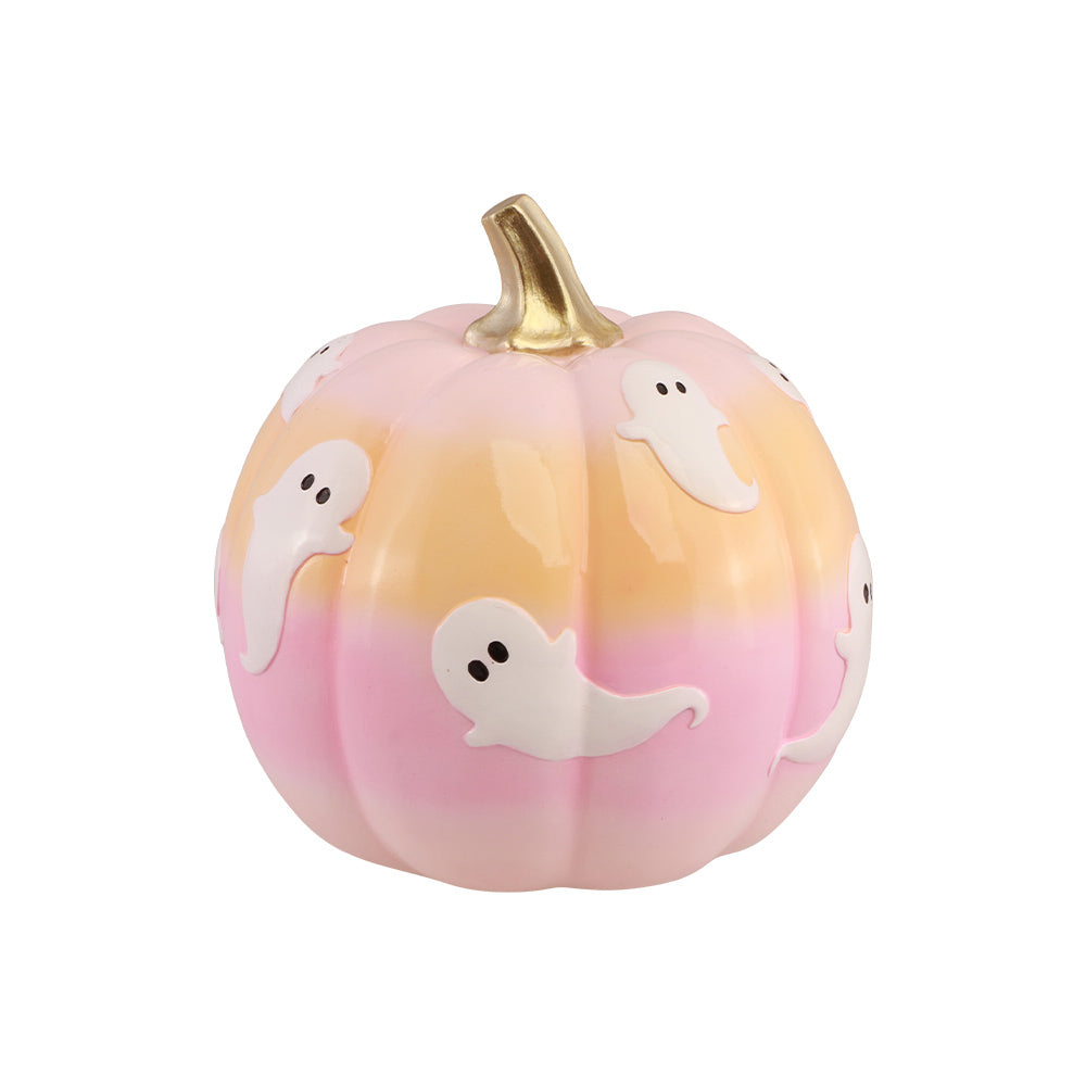 Citrouille Halloween en résine à dégradé rose et pêche et fantômes blancs, vue de face