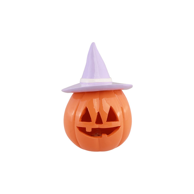 Citrouille Halloween orange en résine avec chapeau de sorcière lilas, vue de face, décoration d'Halloween