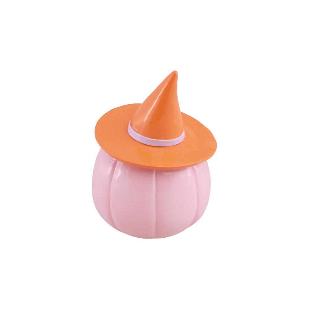 Citrouille Halloween rose pastel à chapeau orange, vue de dos pour décoration d'Halloween