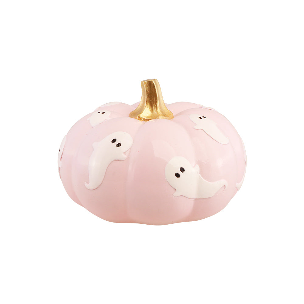 Citrouille Halloween rose pastel ornée de petits fantômes blancs et d'une tige dorée, décoration d'Halloween de table