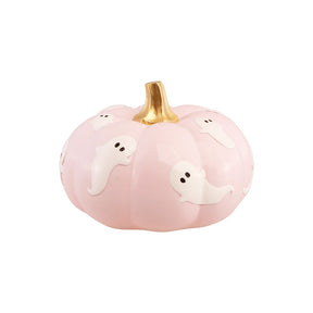 Citrouille Halloween rose pastel ornée de petits fantômes blancs et d'une tige dorée, décoration d'Halloween de table