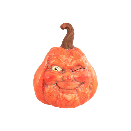 Citrouille Halloween en résine orange au visage grimaçant et à l'œil unique, modèle moyen, vue de face