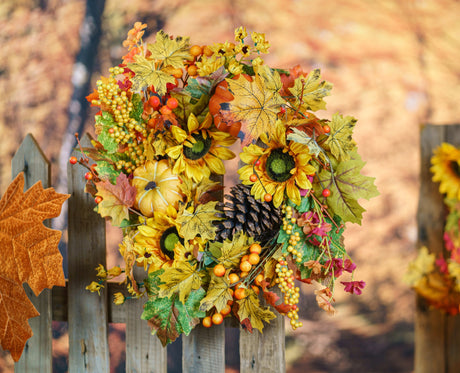 Couronne d'automne de tournesols, citrouilles et feuilles accrochée à une palissade, décoration d'automne pour porte