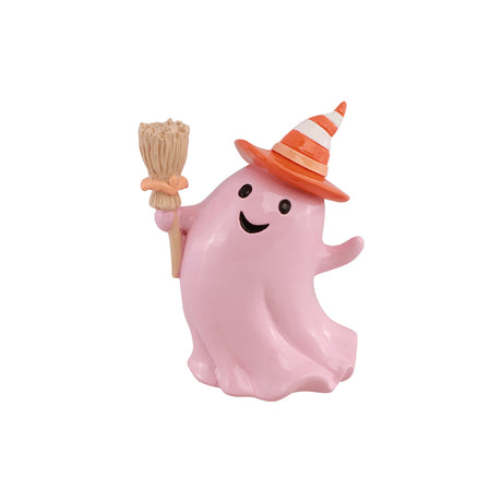 Fantôme Halloween en résine rose pastel avec balai et chapeau orange rayé, vue de face