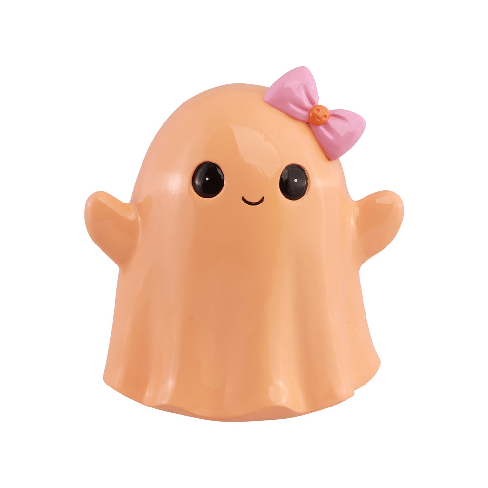 Fantôme Halloween en résine orange pastel à nœud rose, vue de face
