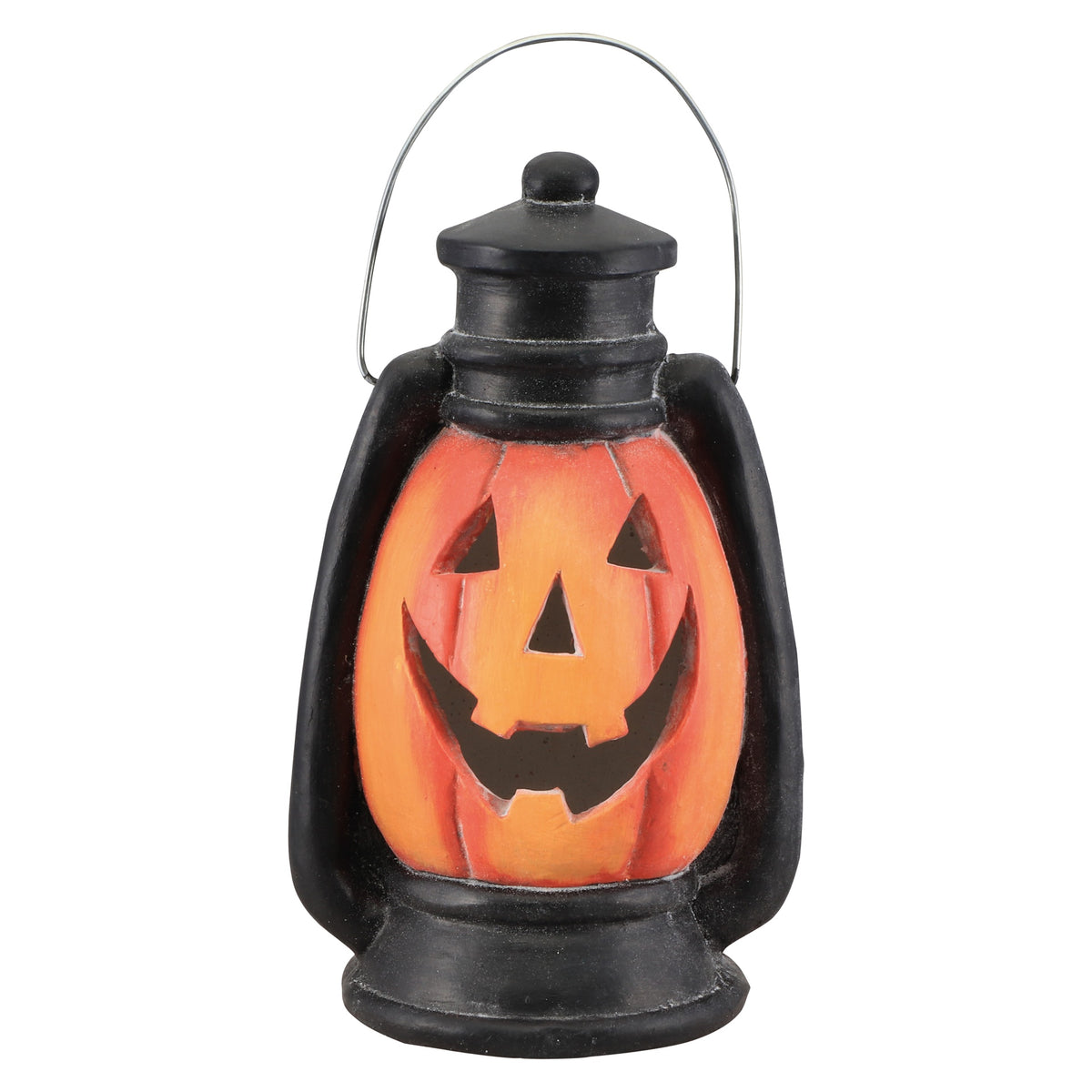Lanterne noire à visage de citrouille orange souriante, vue de face pour décoration d'Halloween