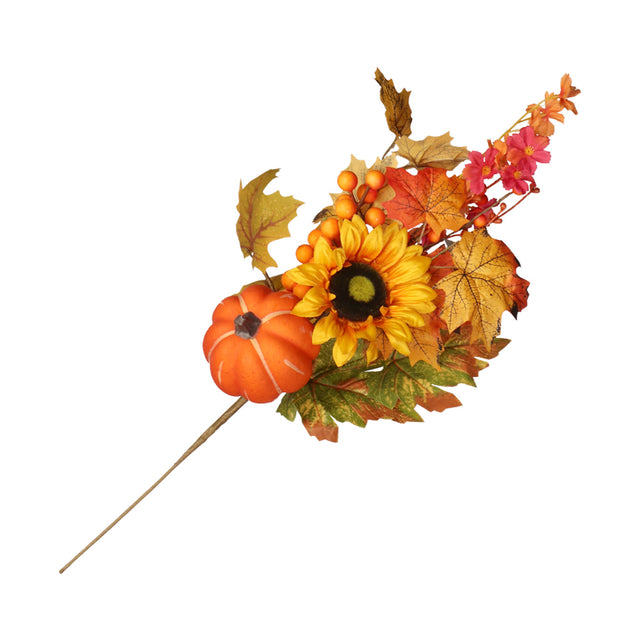 Pic décoratif d'automne avec tournesol, petite citrouille et feuilles d'érable pour composition florale