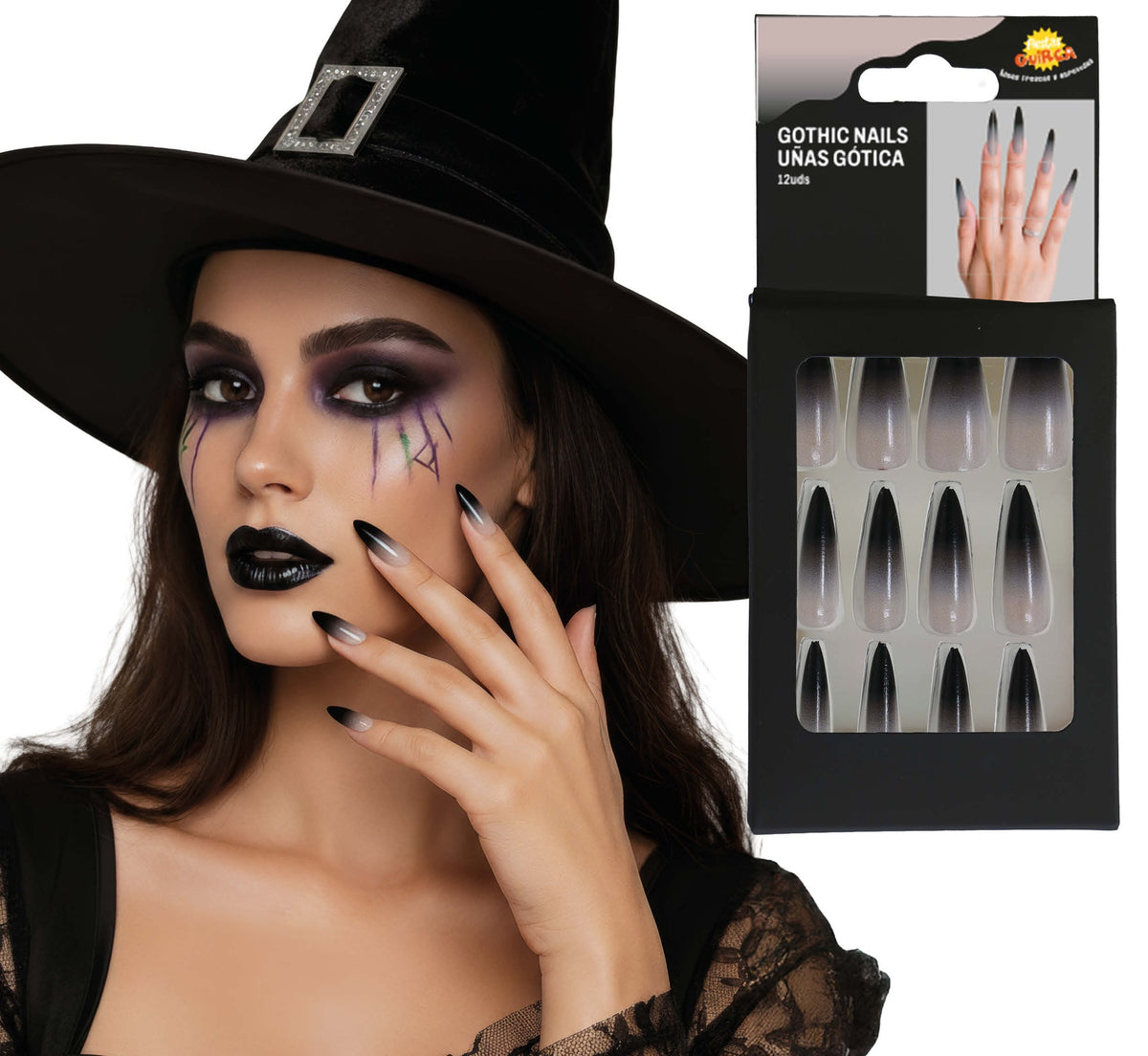 12 Faux Ongles Gothiques Longs avec Colle – Sorcière Halloween