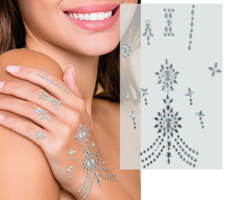 Sparkling silver resin hand jewelry for women, 11x18 cm, face accessory inspired by desert princess theme, ideal for makeup and beauty looks.