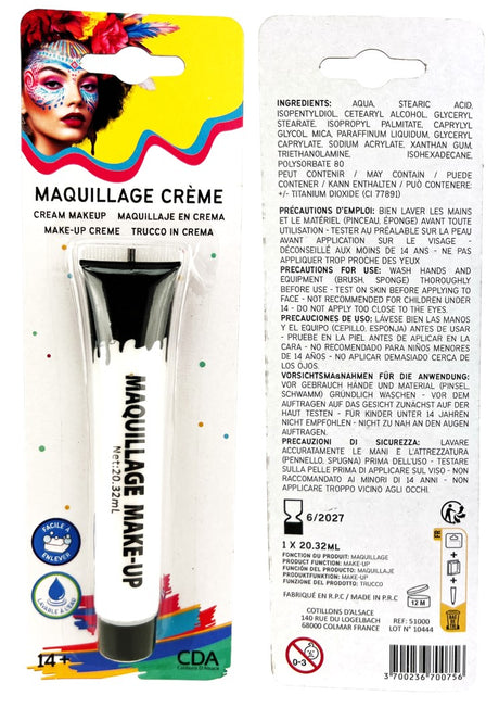 Tube de Maquillage Blanc 20 g à Base d'Eau – Clown, Squelette et Halloween