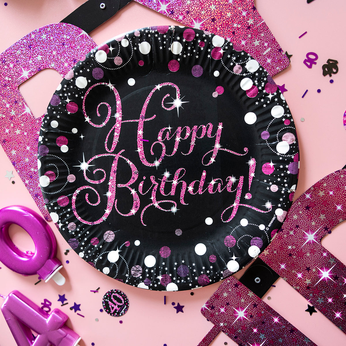 Assiettes Happy Birthday Noir et Rose Pailleté 23 cm – Anniversaire Ado et Adulte