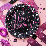 Assiettes Happy Birthday Noir et Rose Pailleté 23 cm – Anniversaire Ado et Adulte