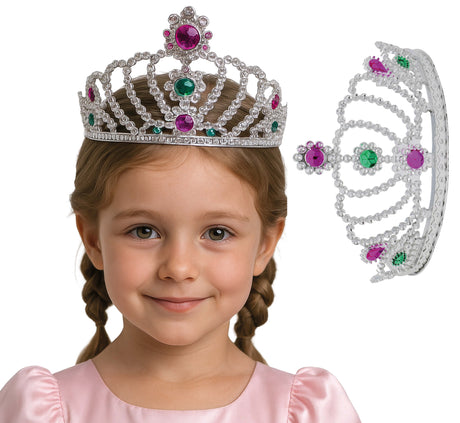 Silver PVC tiara for adult women, medieval princess crown accessory, 12.5 x 8.5 x 12 cm.