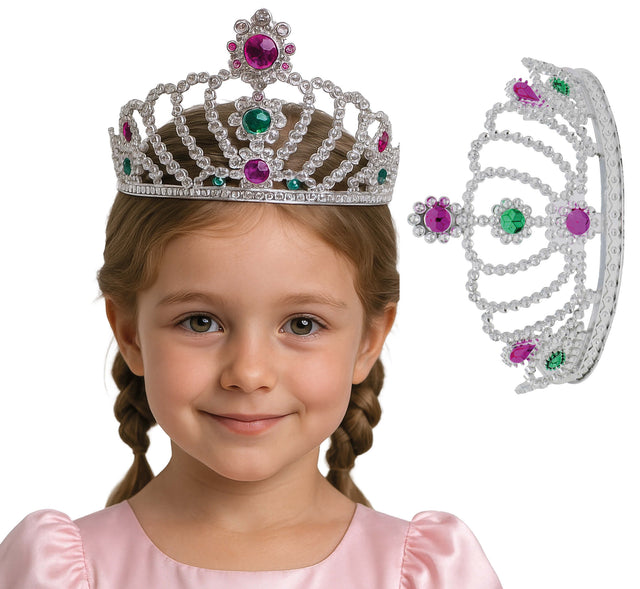 Silver PVC tiara for adult women, medieval princess crown accessory, 12.5 x 8.5 x 12 cm.