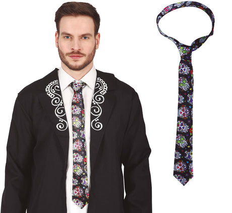 Black and white polyester necktie featuring Mexican sugar skulls design, perfect Halloween accessory for men inspired by Day of the Dead.