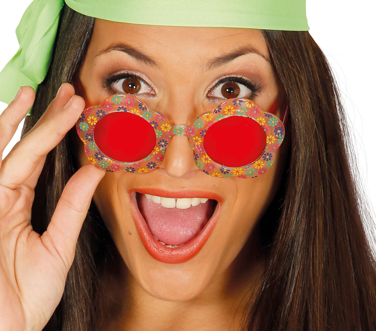 Colorful flower-shaped PVC sunglasses for adults, hippie 60s style unisex accessory.