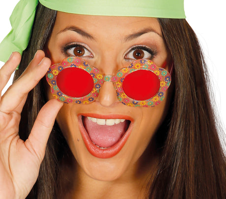 Colorful flower-shaped PVC sunglasses for adults, hippie 60s style unisex accessory.