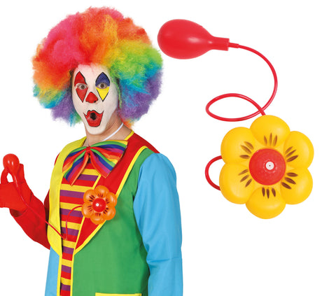Red and yellow PVC clown water flower accessory, 12 cm, novelty gag toy for clown costumes and party entertainment.