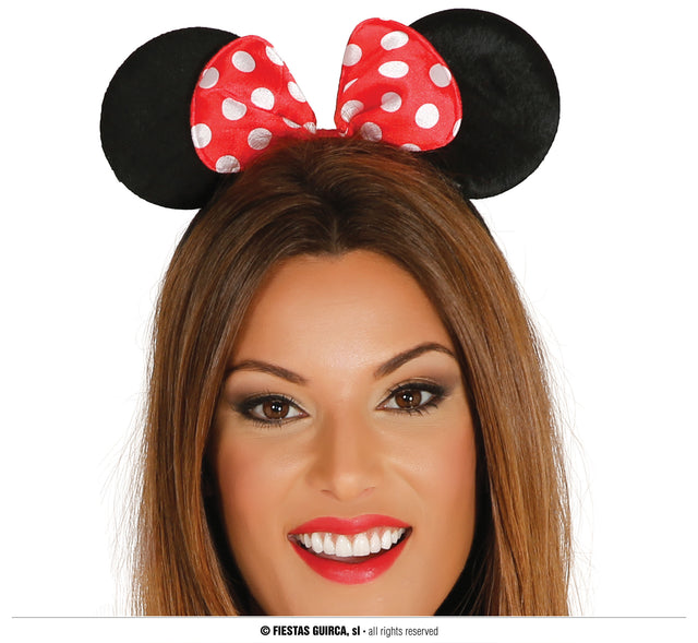 Black and red mouse ear headband for women made of polyester and PVC, animal costume accessory.