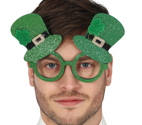 Green PVC St. Patrick's Day novelty glasses for adults, unisex party accessory.