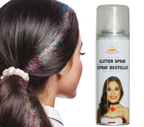 Multicolor glitter hair spray 125ml for Halloween parties, ideal makeup accessory for festive celebrations.