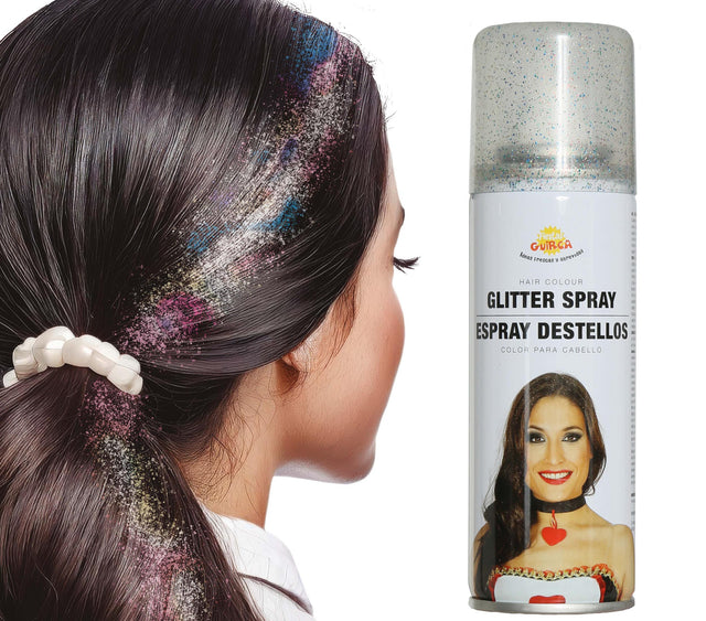 Multicolor glitter hair spray 125ml for Halloween parties, ideal makeup accessory for festive celebrations.