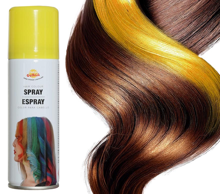 Yellow hair spray 125ml for Halloween costumes and party makeup, suitable for standard users, packaged in a metal and PVC container.