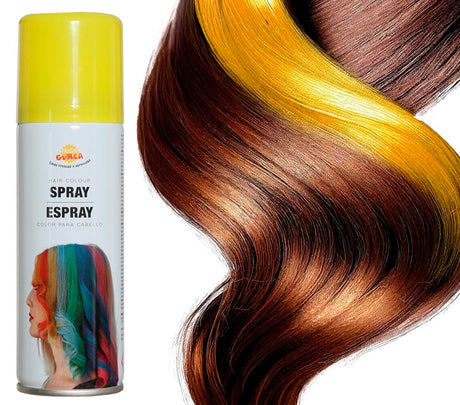Yellow hair spray 125ml for Halloween costumes and party makeup, suitable for standard users, packaged in a metal and PVC container.