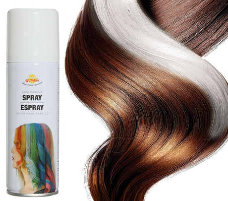White hair spray 125ml for Halloween costumes and party makeup, suitable for standard users, packaged in a metal and PVC container.