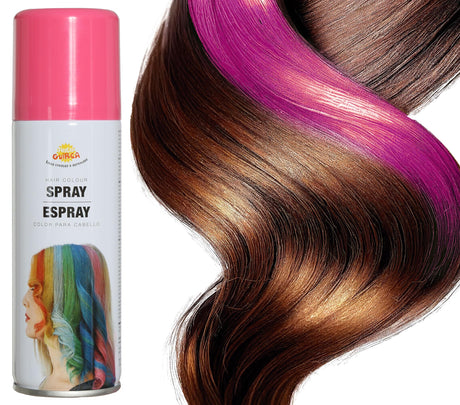 Pink hair spray 125ml for Halloween costumes and party makeup, suitable for standard users, packaged in a metal and PVC bottle.