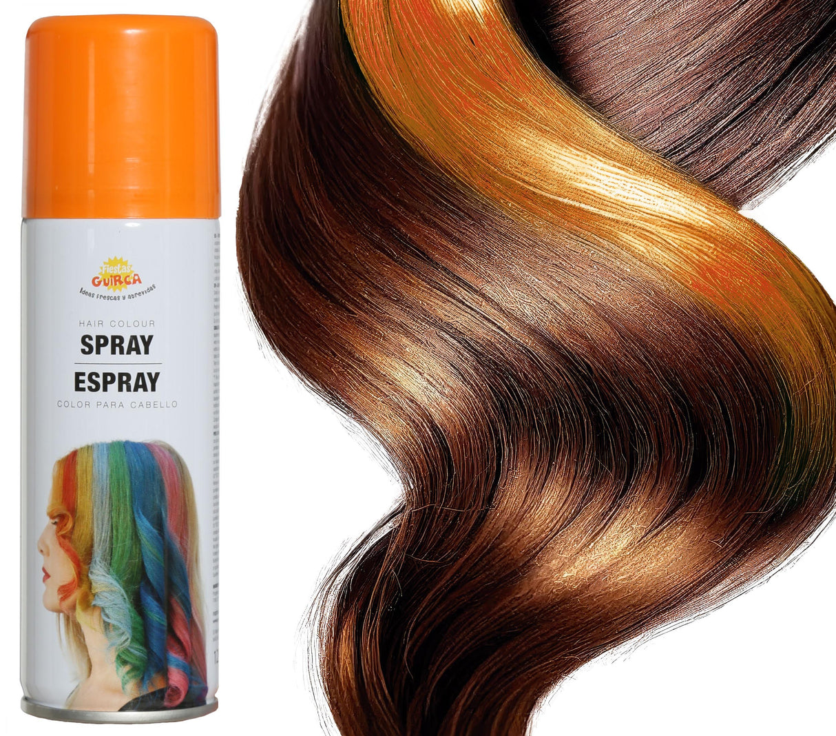 Orange hair spray 125ml for Halloween costumes, witch makeup, and party accessories, suitable for standard users, in a metal and PVC container.