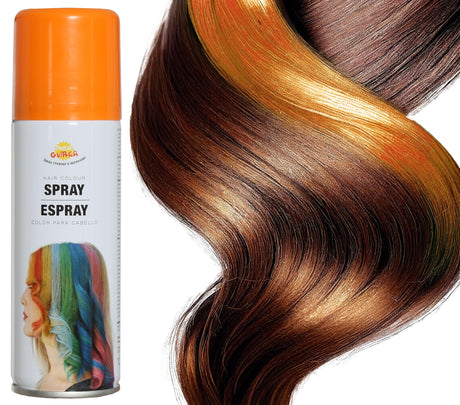 Orange hair spray 125ml for Halloween costumes, witch makeup, and party accessories, suitable for standard users, in a metal and PVC container.