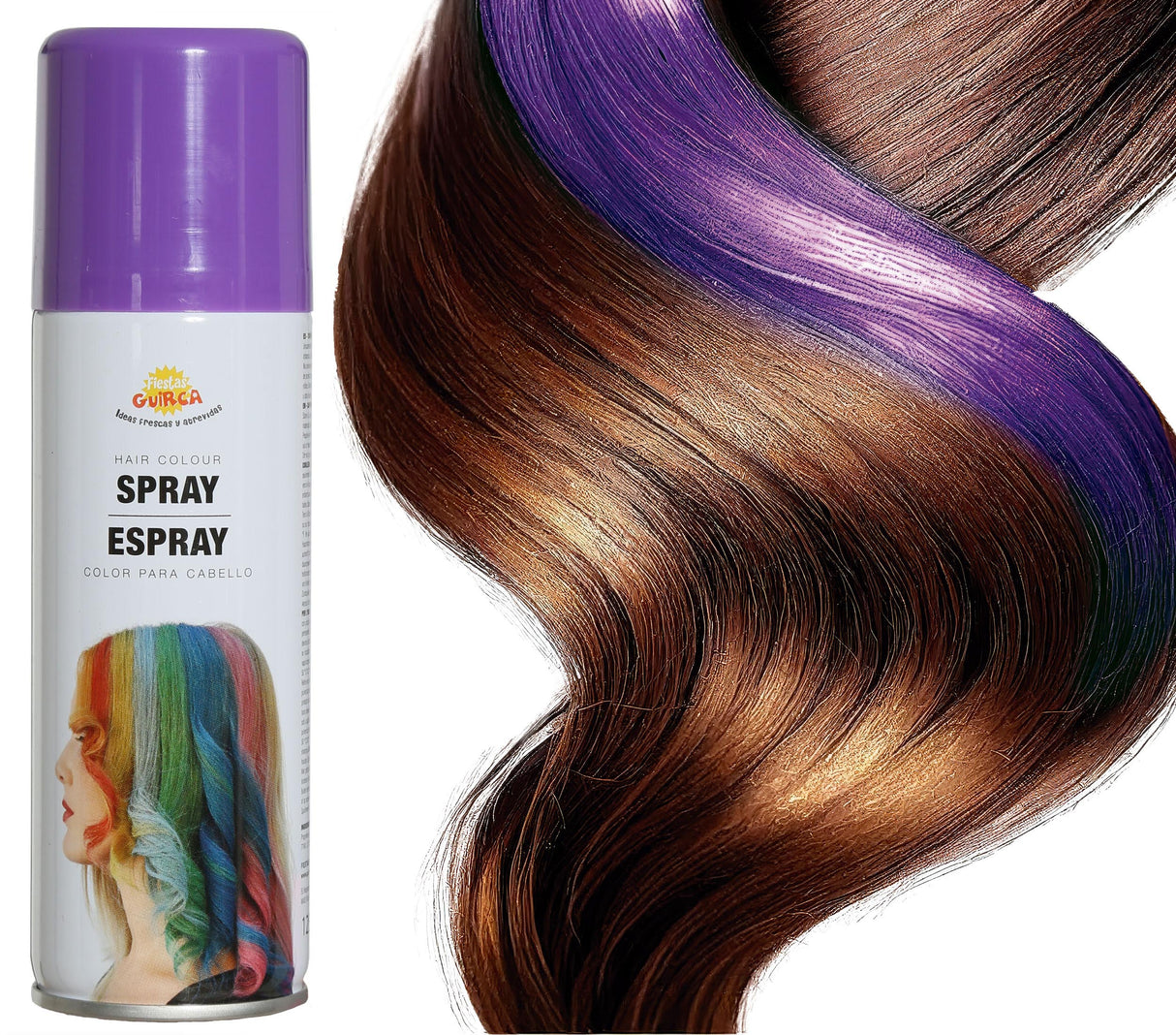 Lilac hair spray 125ml for Halloween costumes and witch party makeup, suitable for standard users, in a metal and PVC bottle.