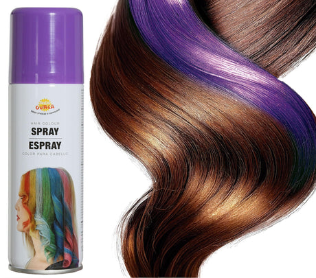 Lilac hair spray 125ml for Halloween costumes and witch party makeup, suitable for standard users, in a metal and PVC bottle.