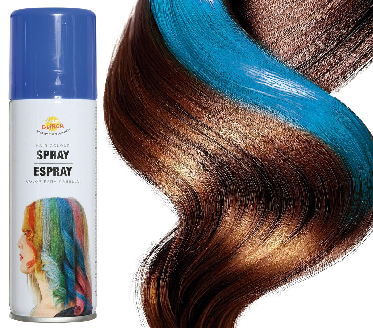 Blue hair spray 125ml for Halloween costumes and party makeup, suitable for standard users, ideal accessory for festive celebrations.